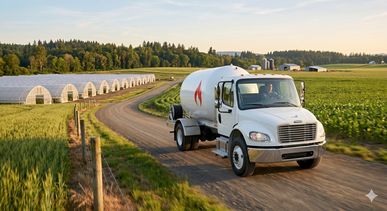 Propane bobtail truck on a farm delivery route